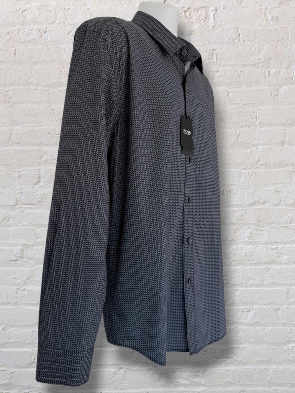 NWT Hugo Boss Ronni Slim Fit Stretch XXL Navy Geometric Print Dress Shirt $148 - Picture 7 of 16